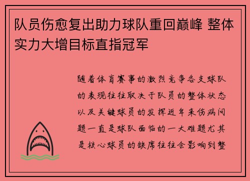 队员伤愈复出助力球队重回巅峰 整体实力大增目标直指冠军